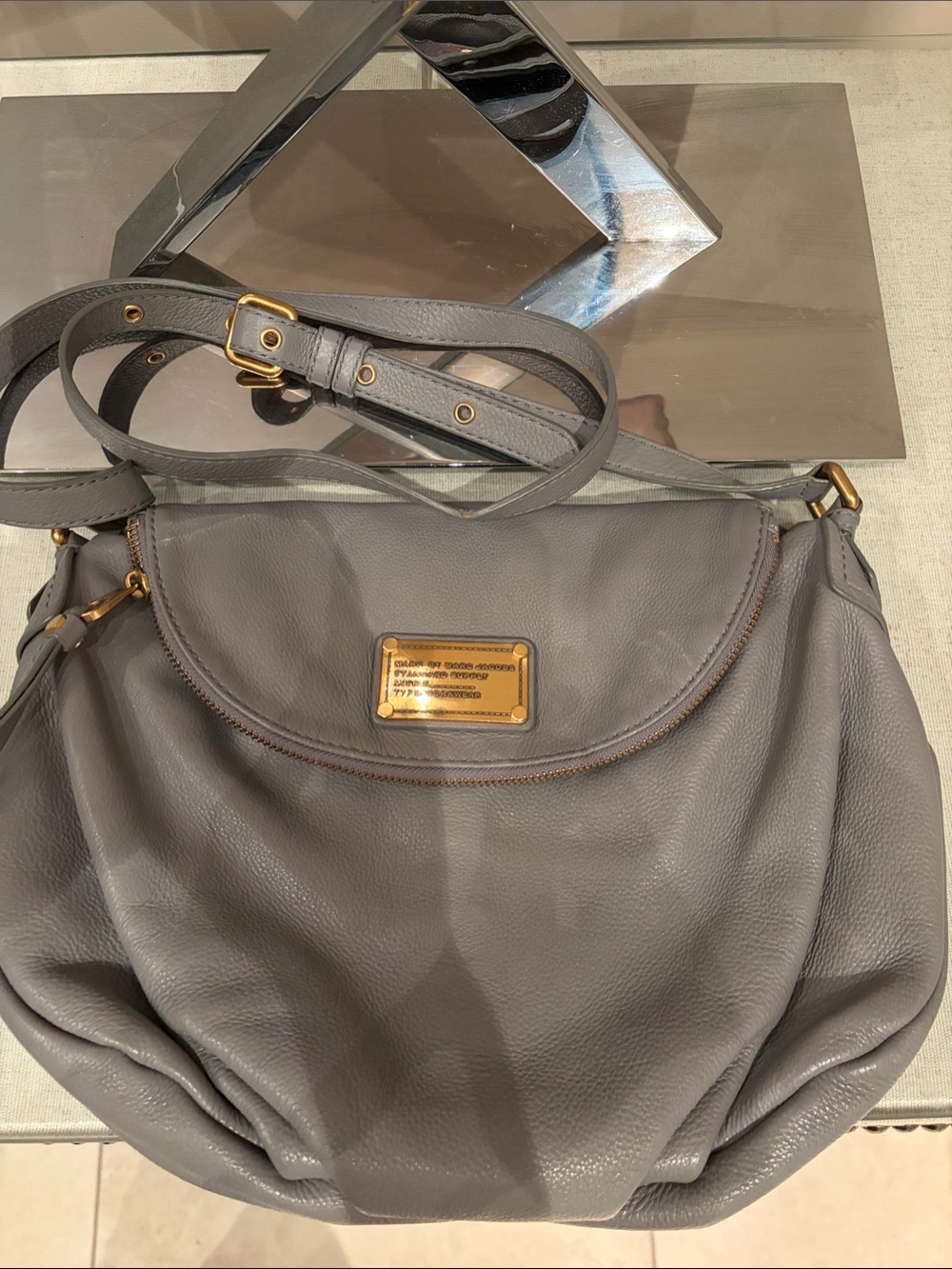 Marc by Marc Jacobs Gray Leather Crossbody with Gold Plaque